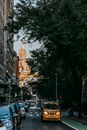 Yellow taxi driving along asphalt road between modern buildings and lush trees in contemporary city district in daytime