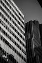 白天，位于中心城区的当代玻璃高层建筑下方呈现出黑色和白色