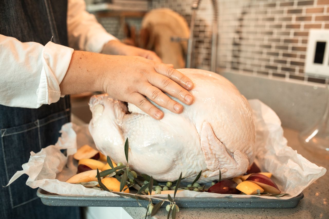 Raw whole turkey on a baking tray with apples