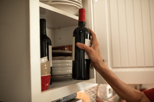 A hand selecting a wine bottle from a kitchen cabinet shelf filled with dishes.