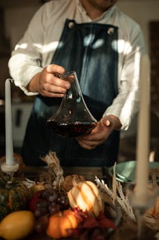 A person holding a wine decanter over a beautifully set autumn table with fruits and candles.
