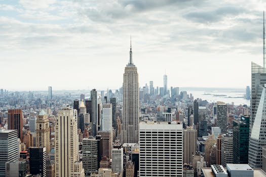 Cityscape of modern megapolis with view on skyscrapers located in New York city in America under cloudy sky in daytime