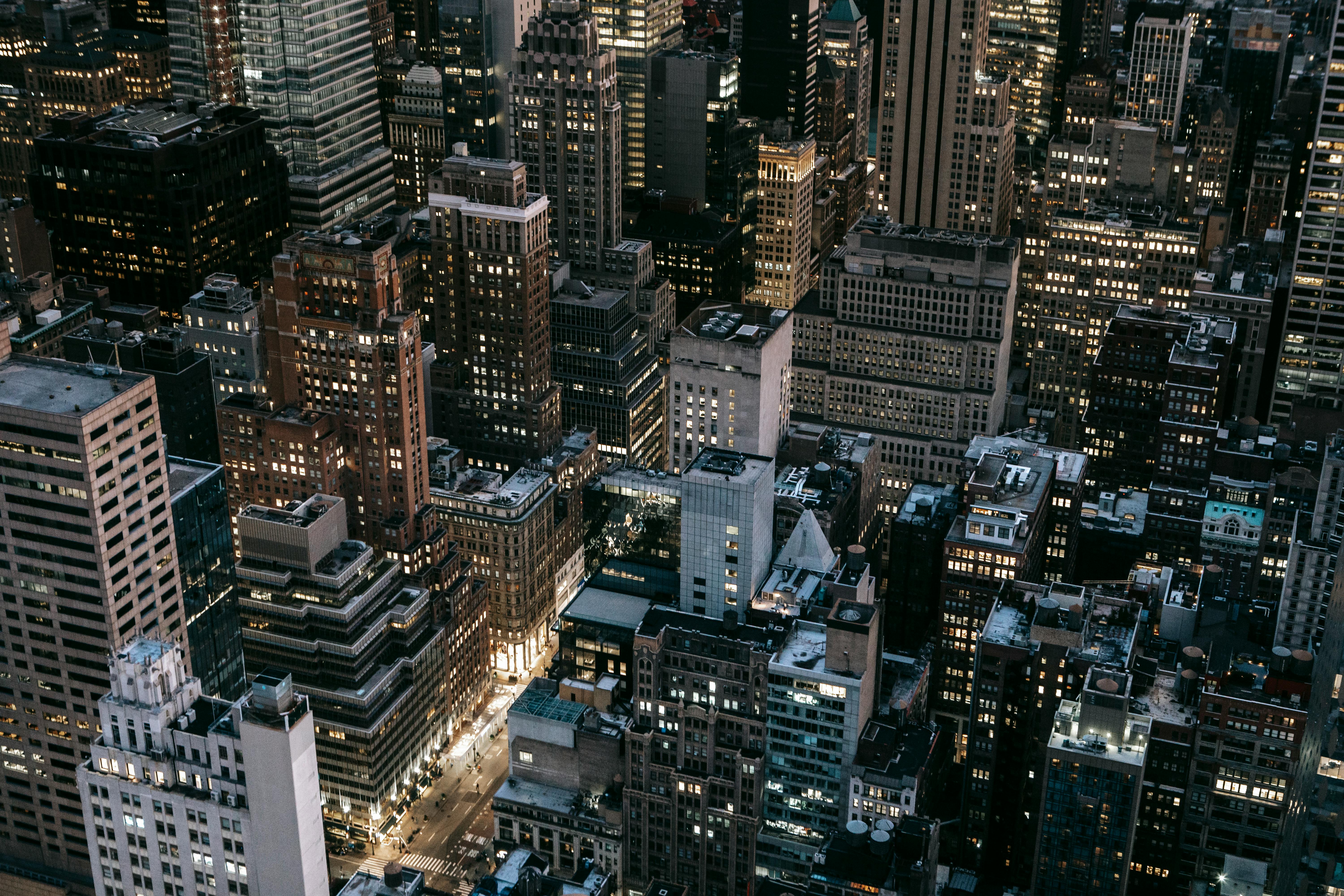 drone shot of a city at night