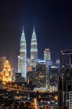 Stunning cityscape of Kuala Lumpur featuring the iconic Petronas Twin Towers illuminated at night.
