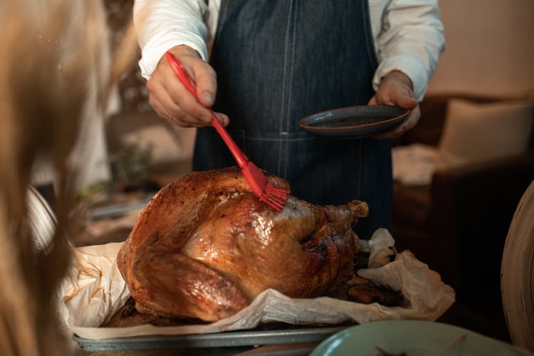 Hand Brushing Roasted Chicken 