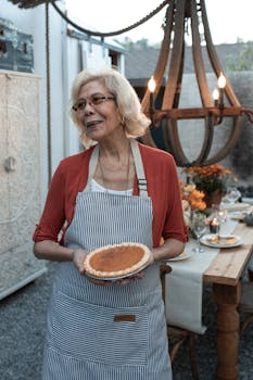 Elegant senior woman in striped apron presenting a pumpkin pie at an outdoor gathering.