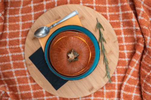 Free  Baked Pumpkin on Blue Ceramic Plate Stock Photo