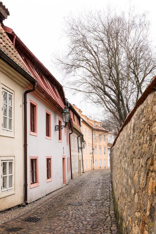 Narrow Cobblestone Street Between Houses and Stone Wall