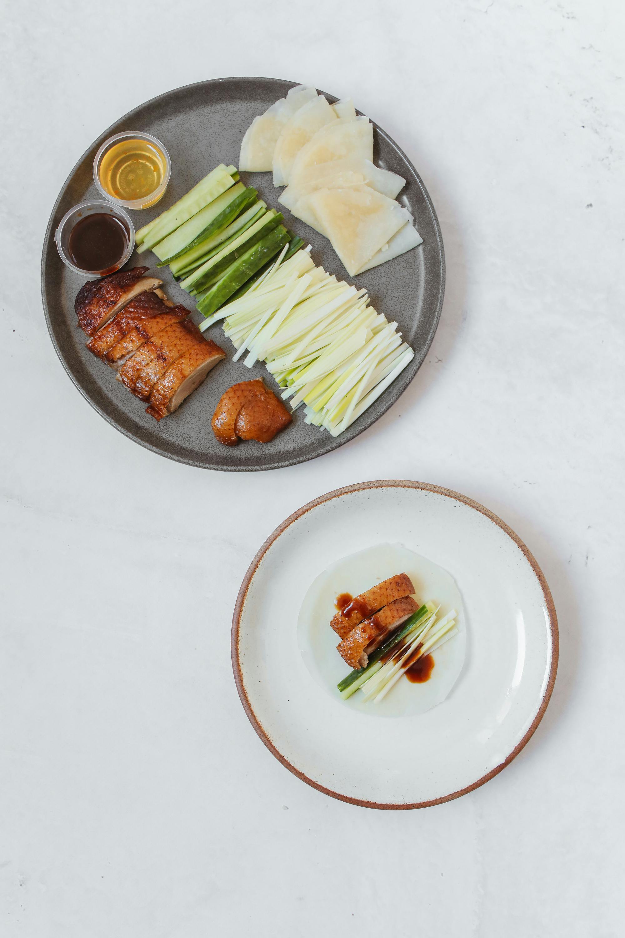 overhead shot of savory peking duck dish