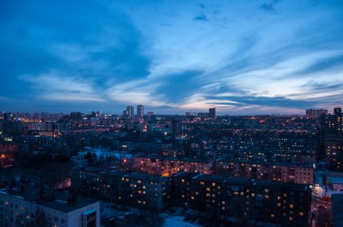 Free A stunning twilight view of Chelyabinsk, Russia, showcasing the city's expansive skyline and architecture. Stock Photo