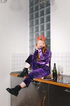 一位红发女子身穿紫色衣服，坐在厨房柜台上庆祝新年
