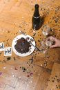 木地板上散落着巧克力蛋糕、香槟瓶、玻璃杯和五彩纸屑，呈现出一片庆祝场景