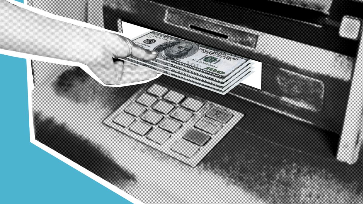 Decorative cardboard illustration of hand of person withdrawing pile of dollar banknotes from automated teller machine