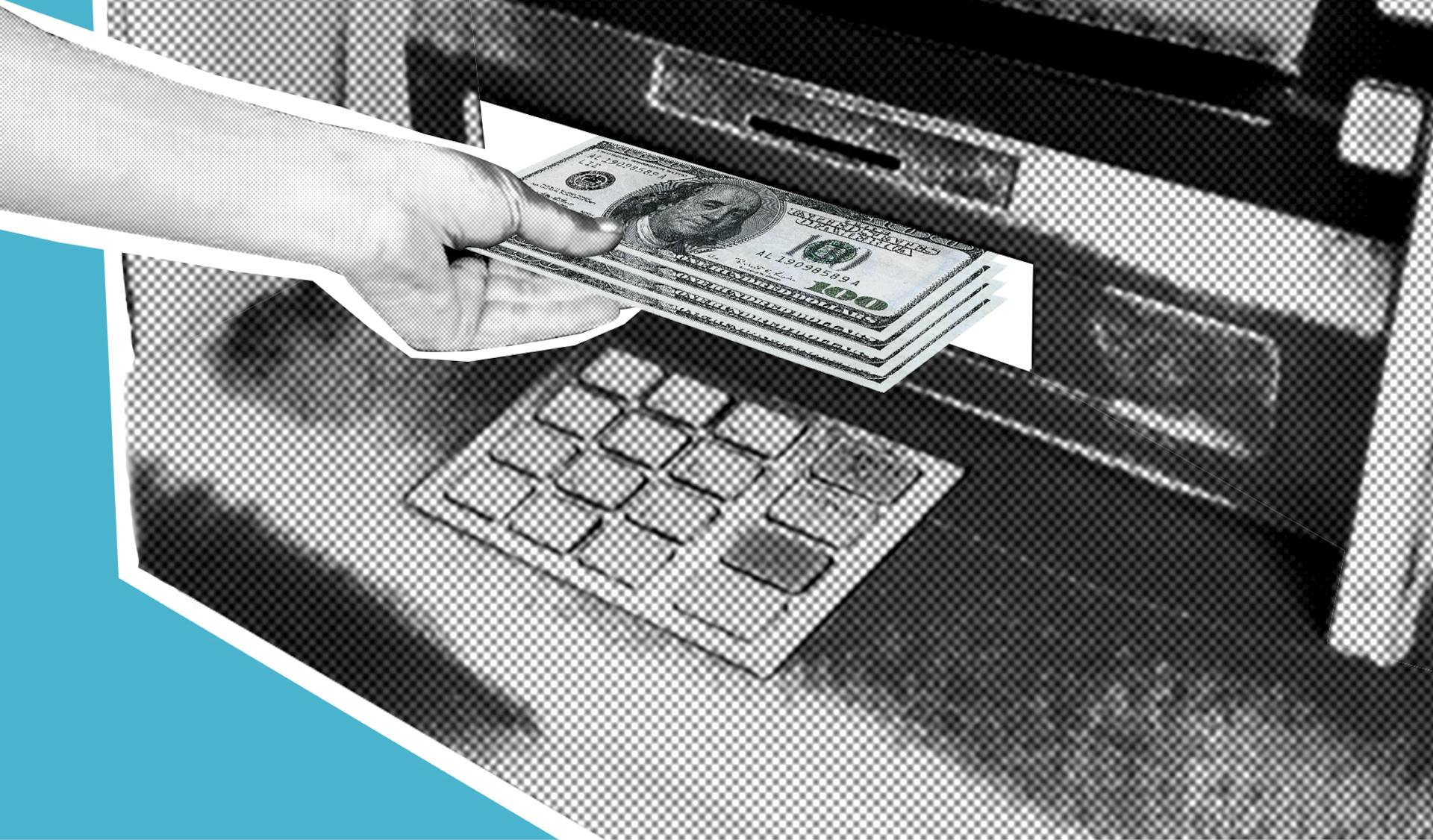 Illustration of a hand withdrawing US dollars from an ATM machine, graphic style.