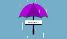 Decorative cardboard illustration of signboard with Insurance title under umbrella in rain on blue background