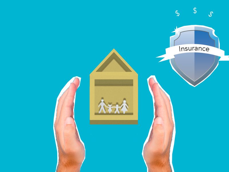 Paper cutout of a family and house with an insurance shield symbol