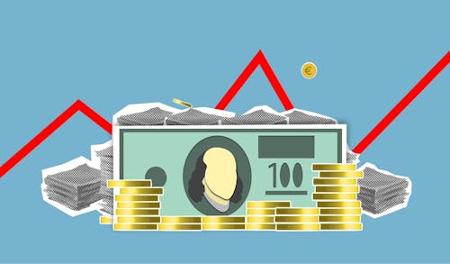 Cutout paper composition of dollar bills between pile of coins and financial stocks with curved diagram