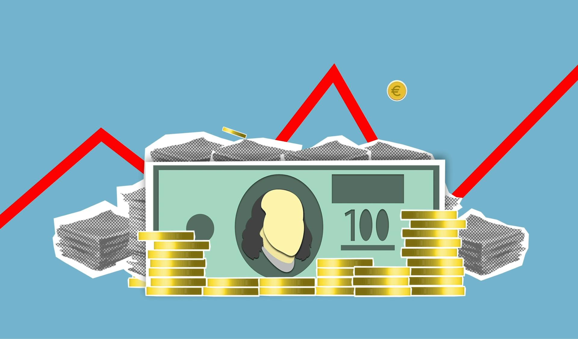 Cutout paper composition of dollar bills between pile of coins and financial stocks with curved diagram