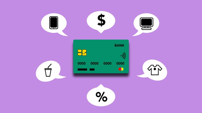 Bank credit card for paying for mobile connection and television making purchases receive percents and withdraw cash
