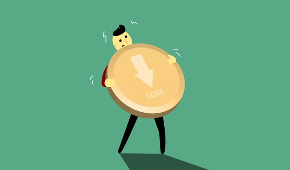 Illustration of a cartoon character struggling with a large coin symbolizing financial loss.