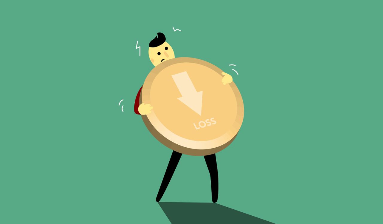 illustration of a cartoon character struggling with a large coin symbo