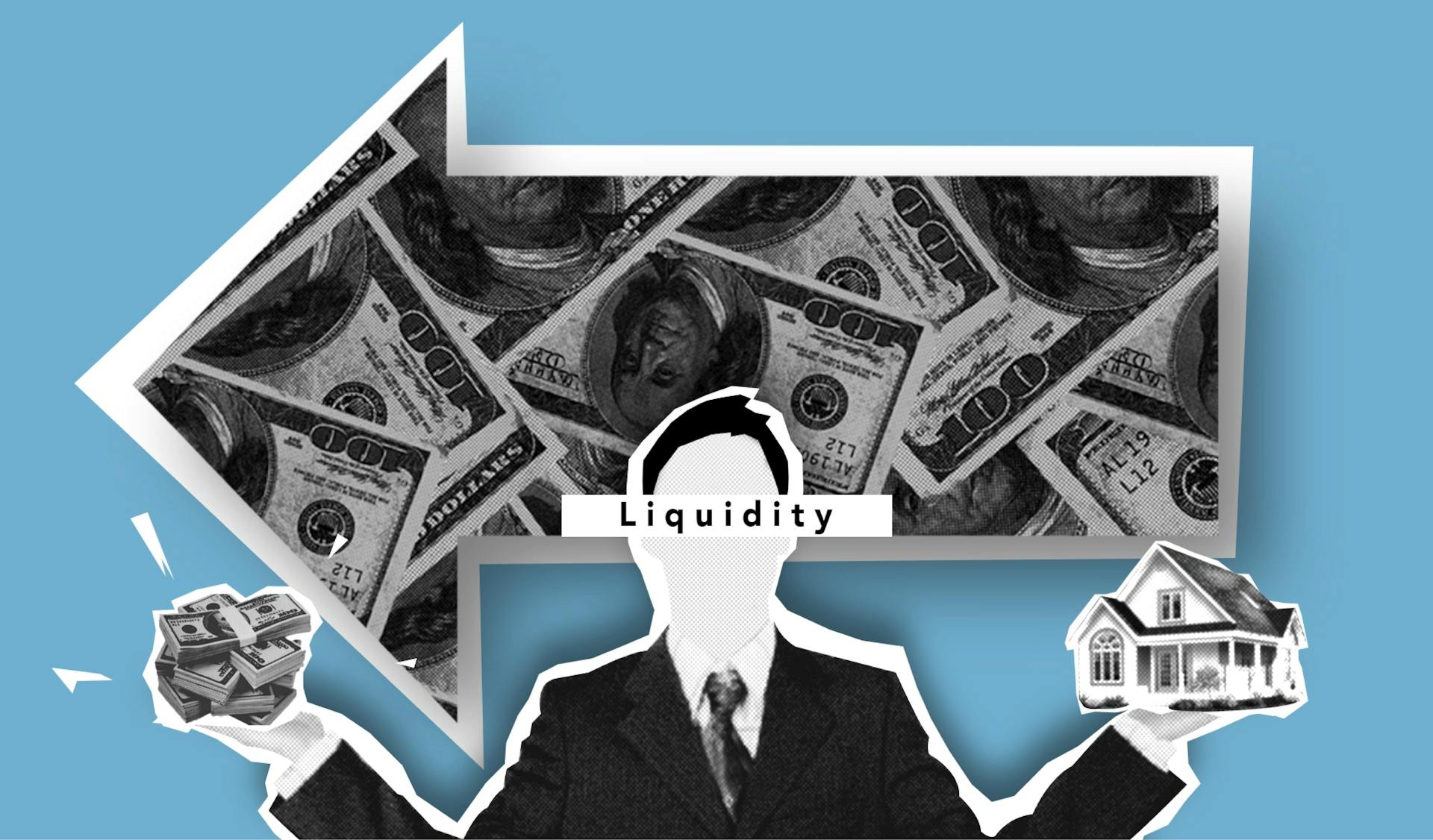 Collage depicting financial liquidity with dollars, a house, and a suit on a blue background.