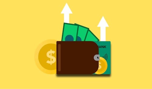Free Wallet with coins banknotes and credit card for payment Stock Photo