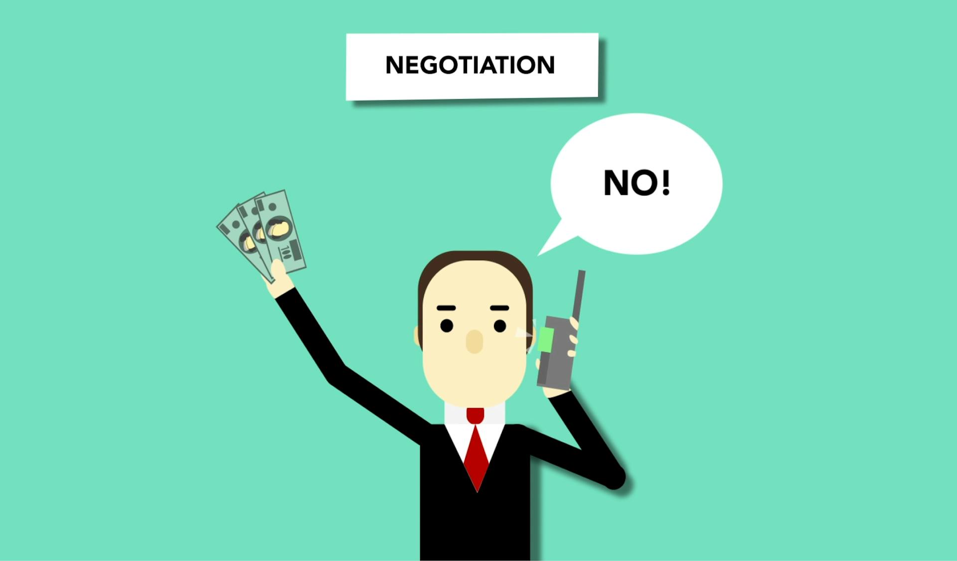 Concept illustration of man with money saying no to offer during business negations on phone