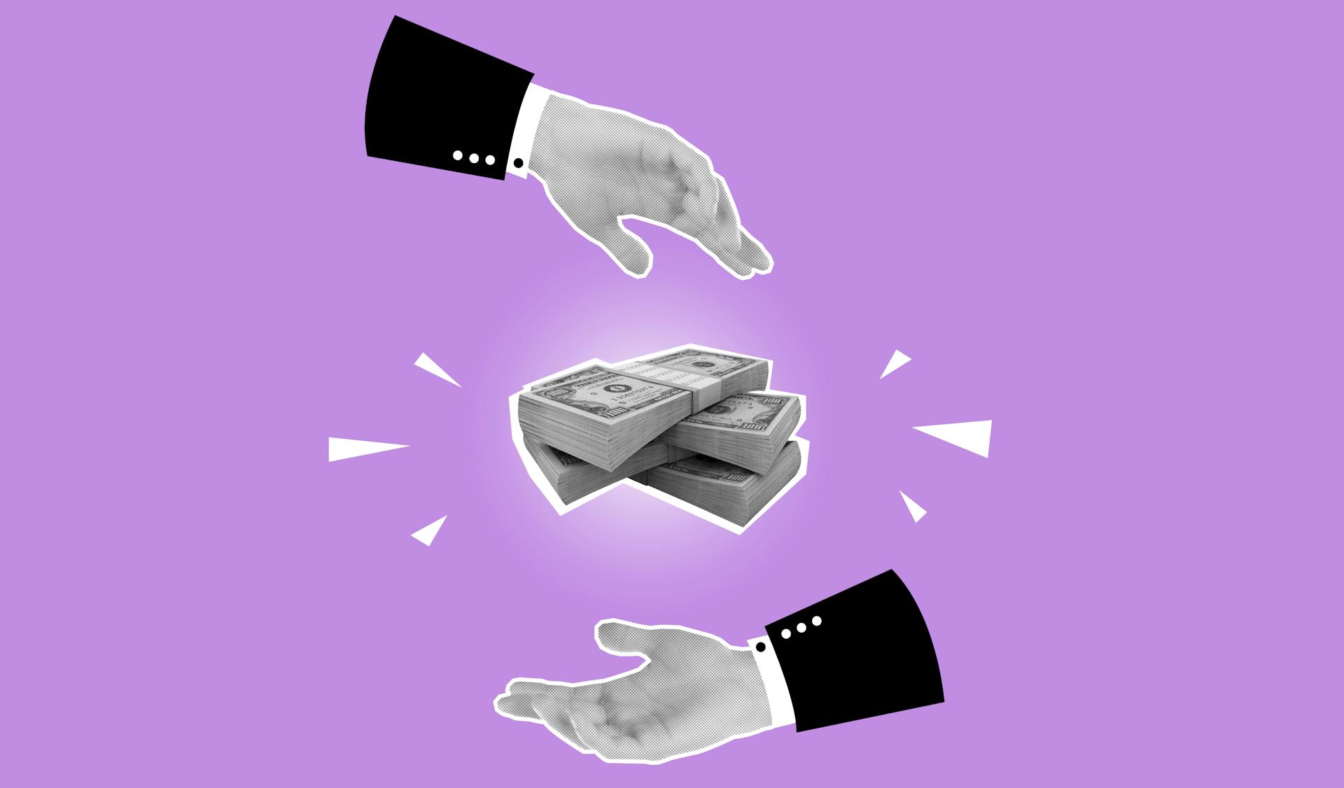 Artistic illustration of hands exchanging money on a vibrant purple background, symbolizing finance and business.