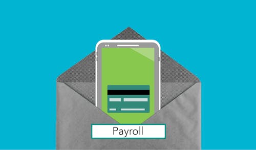 Decorative cardboard illustration of cellphone with application on screen in envelope with Payroll inscription on blue background