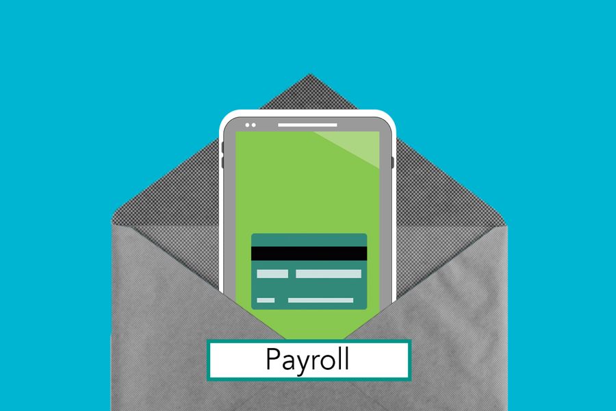 Decorative cardboard illustration of cellphone with application on screen in envelope with Payroll inscription on blue background