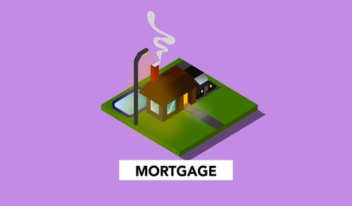 Free Cardboard illustration of building with swimming pool and lawn above Mortgage inscription on violet background Stock Photo