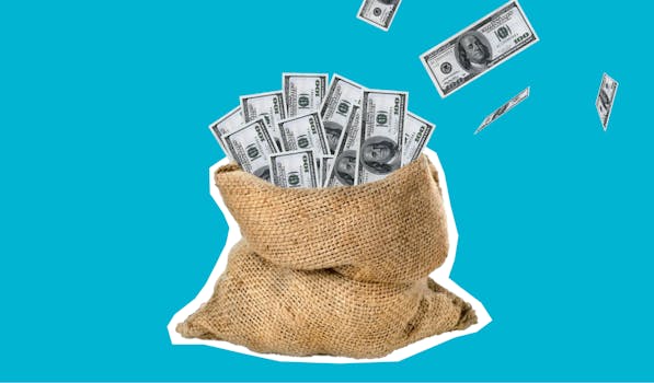 Burlap sack filled with hundred dollar bills against a clean blue background, symbolizing wealth and savings.