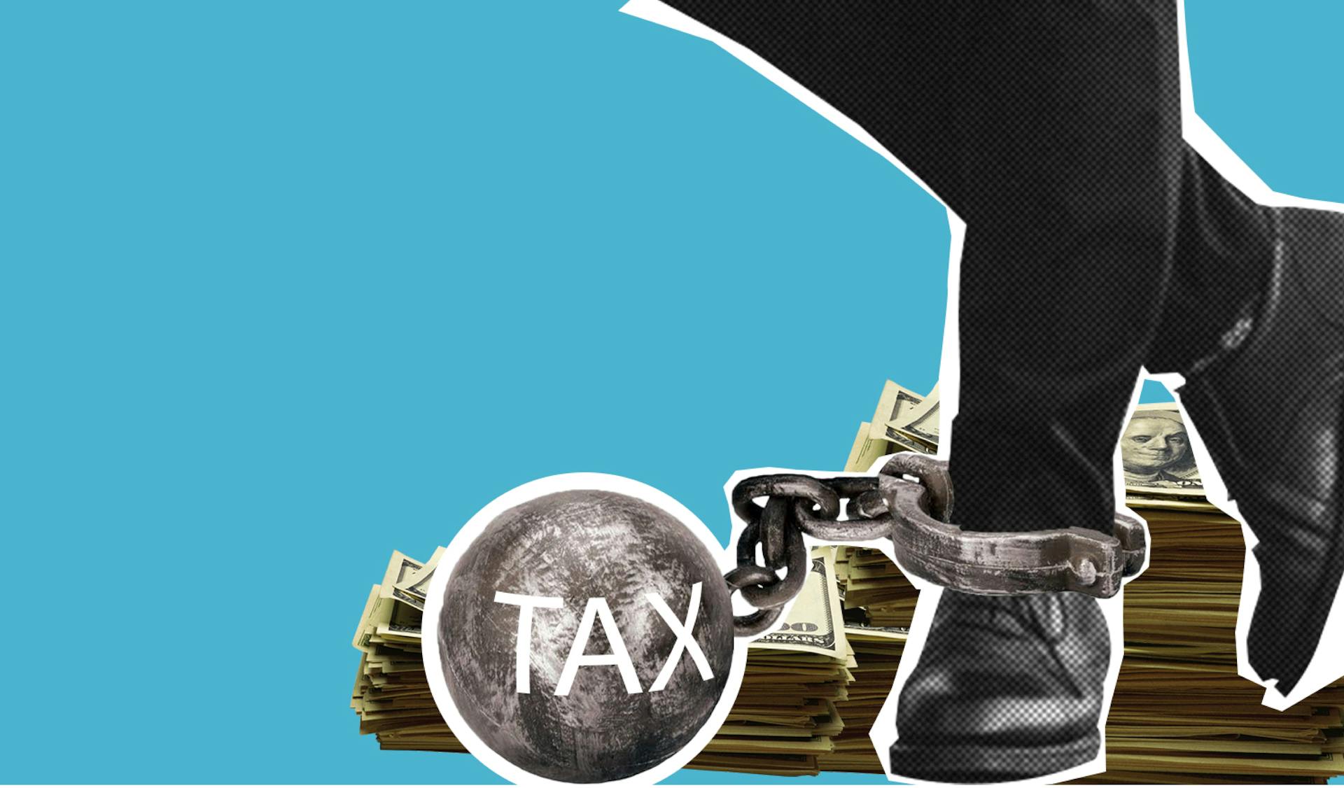 Illustration depicting a man shackled by "TAX," symbolizing financial burden on blue background.