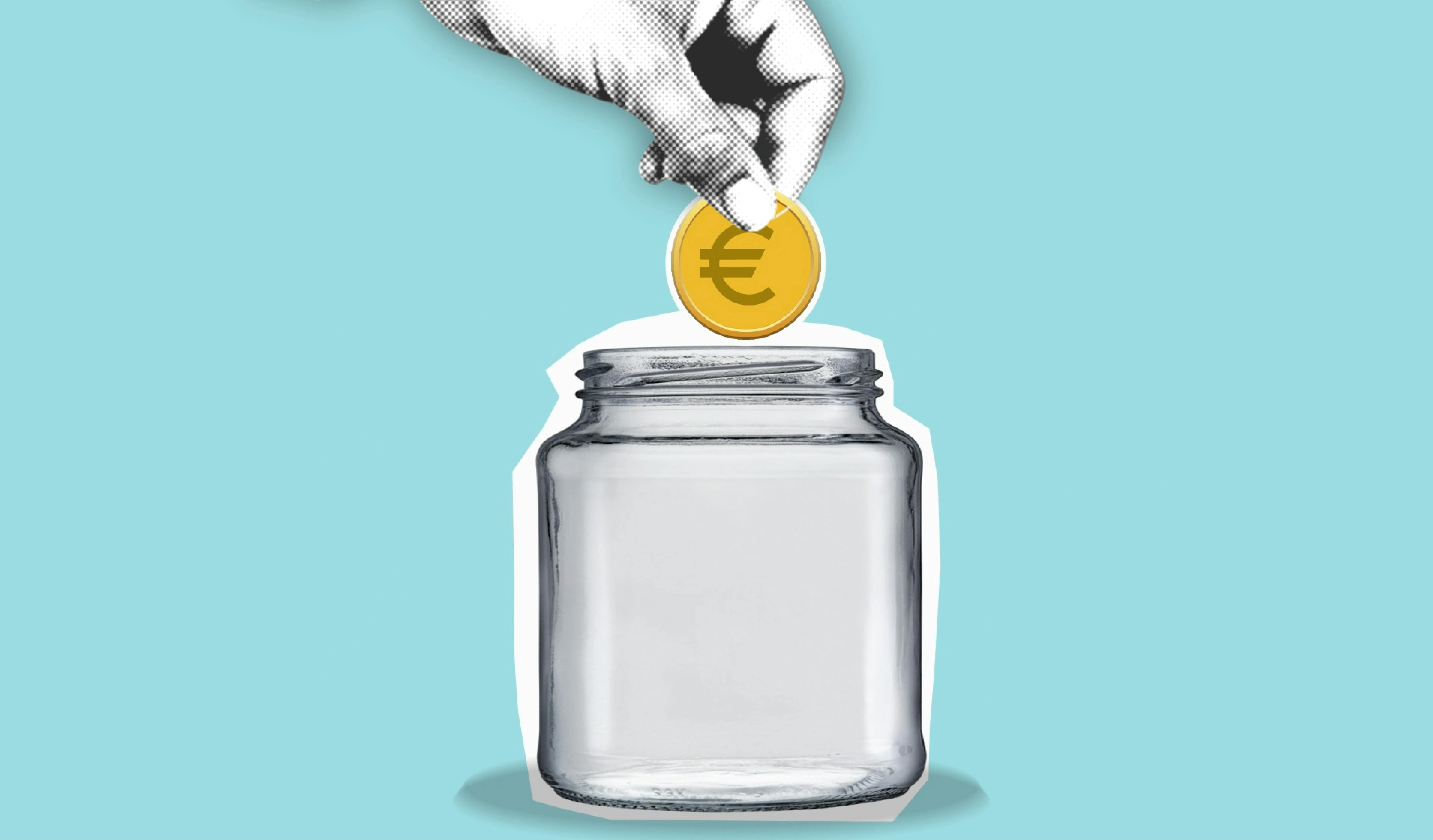 cutout paper illustration of hand with coin above jar