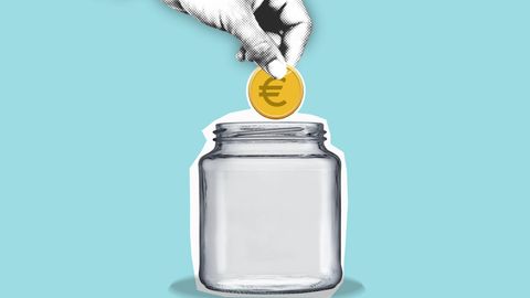 Decorative cardboard appliques of hand with euro coin above jar representing money saving process on blue background