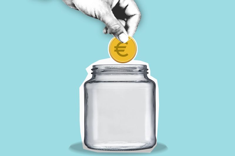 Decorative cardboard appliques of hand with euro coin above jar representing money saving process on blue background