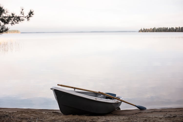 Rowboat With Paddles On Lakeshore