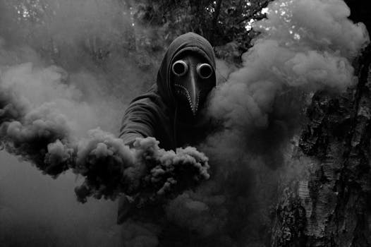 A haunting figure wearing a plague doctor mask enveloped in dark swirling smoke, creating an eerie and atmospheric scene.