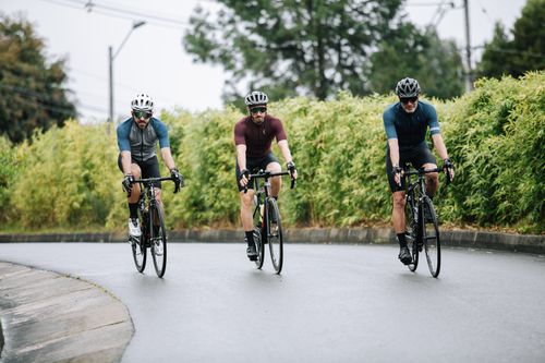 Free Anonymous male athletes in active wear and cycling glasses riding bicycles on asphalt road near greenery shrubs Stock Photo
