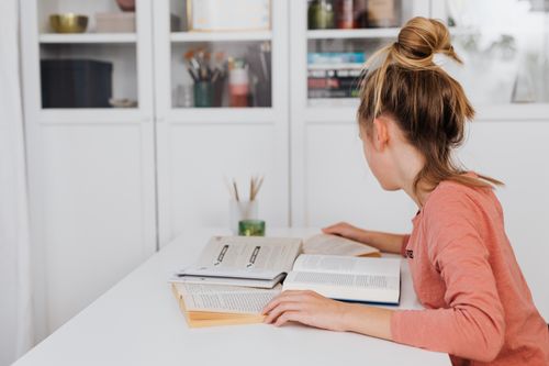 Free Young girl studying at a desk with books in a bright indoor setting. Stock Photo