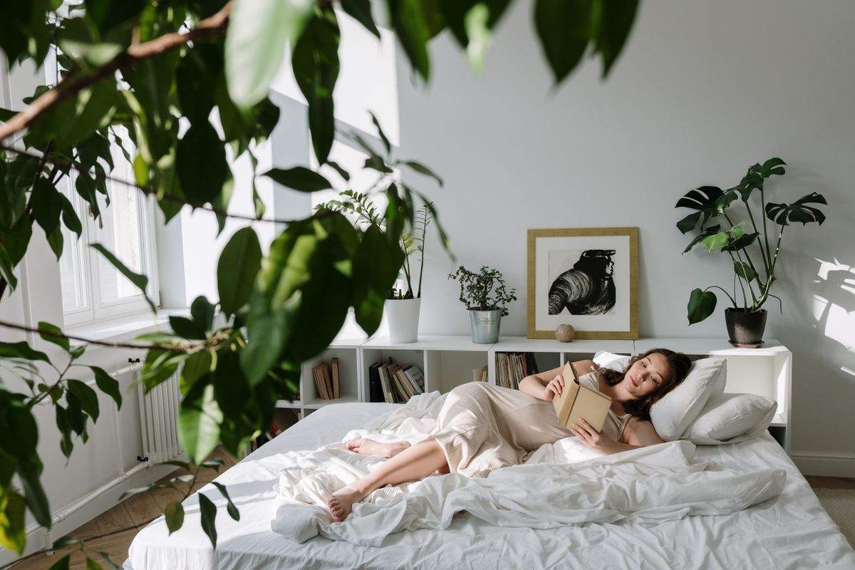 Mujer embarazada leyendo en una habitación luminosa y acogedora