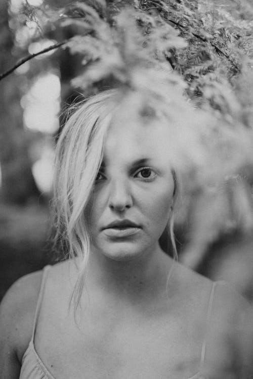 Black and White Portrait of Woman with Intense Stare