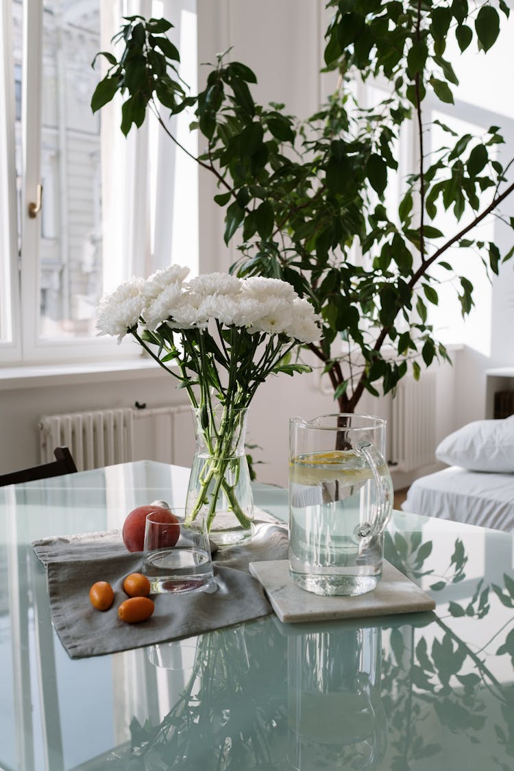 Glass Items On Glass Table