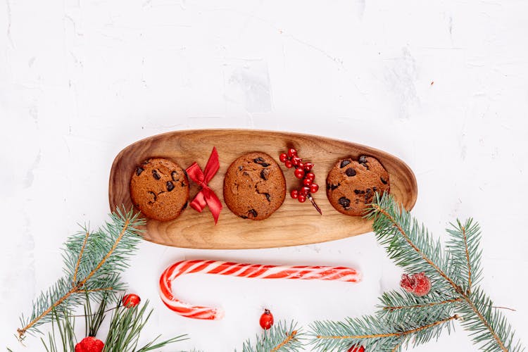 Chocolate Chip Cookies And Christmas Decorations