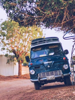 Vintage Ford Thames van parked under a leafy tree, highlighting retro automotive design.