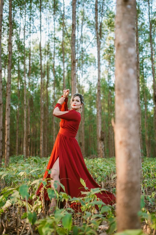 Woman in Red Long Sleeves Dress Standing in the Forest Surrounded by Tall Trees
