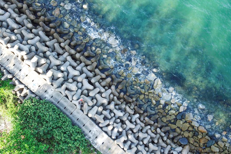 Aerial View Of Breakwater With Concrete Dolosse