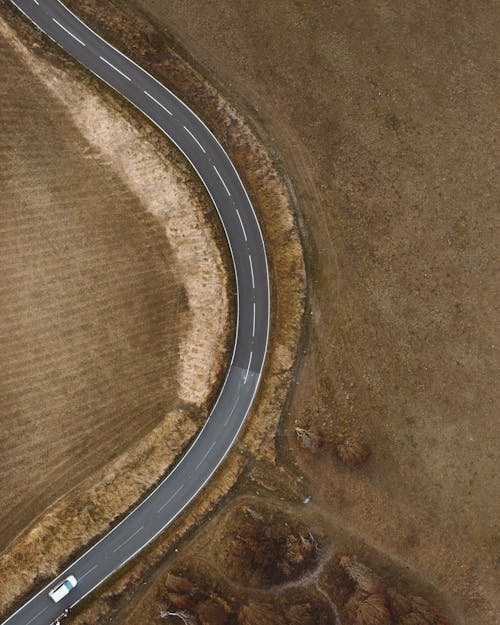 Top View of a Car Traveling on Country Road
