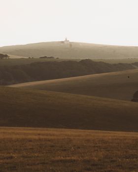天空晴朗，远处小山上矗立着小建筑，近处是风景如画的绿色田野、树木和灌木丛